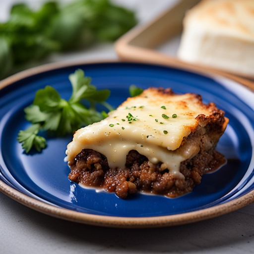 A large, steaming plate of moussaka sits atop a beautiful, sky blue plate. The layers of eggplant, ground beef, and creamy béchamel sauce look so realistic, you could almost reach out and take a bite. The top layer is sprinkled with a generous amount of melted cheese and toasted bread crumbs, adding a crunchy topping to the dish. 