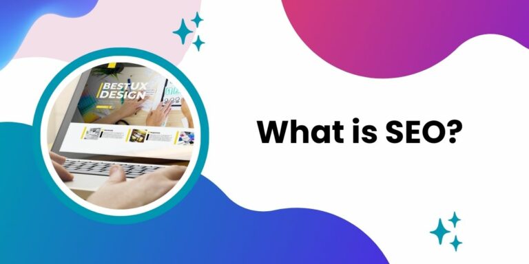 An infographic with the title "What is SEO?" featuring a laptop screen displaying a webpage about UX design, surrounded by a colorful abstract background with decorative shapes and stars.