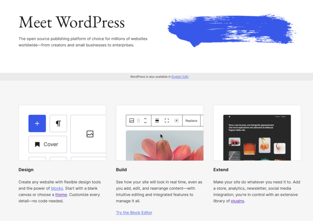 Image of WordPress org home page the free version of WordPress