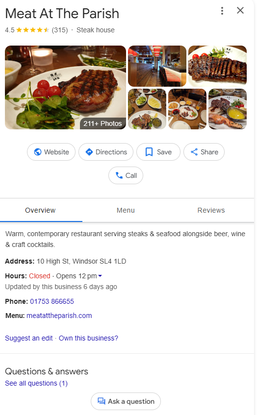 Meat at the Parish a restaurant google business profile example 